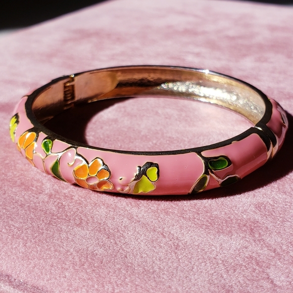 Pink Cloisonné Cloisonné Hinged Floral Bangle Bracelet Accessories Jewelry - Picture 1 of 6